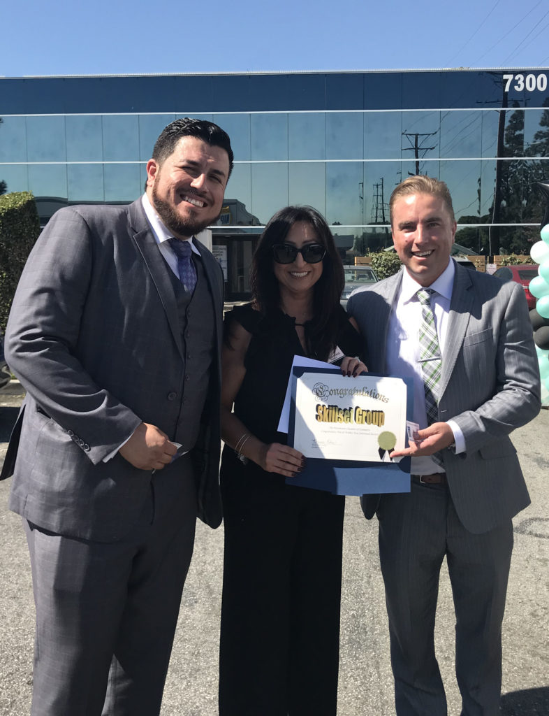 Pictured from left, are SkillsetGroup CMO Jose Baca, Paramount Mayor Brenda Olmos and SkillsetGroup CEO Clint Armstrong at the 2017 opening of the staffing firm's Paramount office.