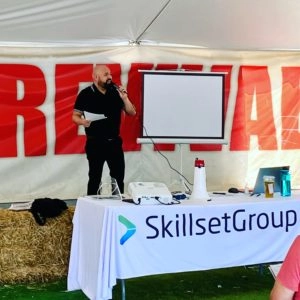 SkillsetGroup staffing and consulting company's Occupational Health and Safety Manager Jesus Arredondo conducts a workplace safety seminar 5-14-2021 at the Chapel of Change grounds in Paramount.