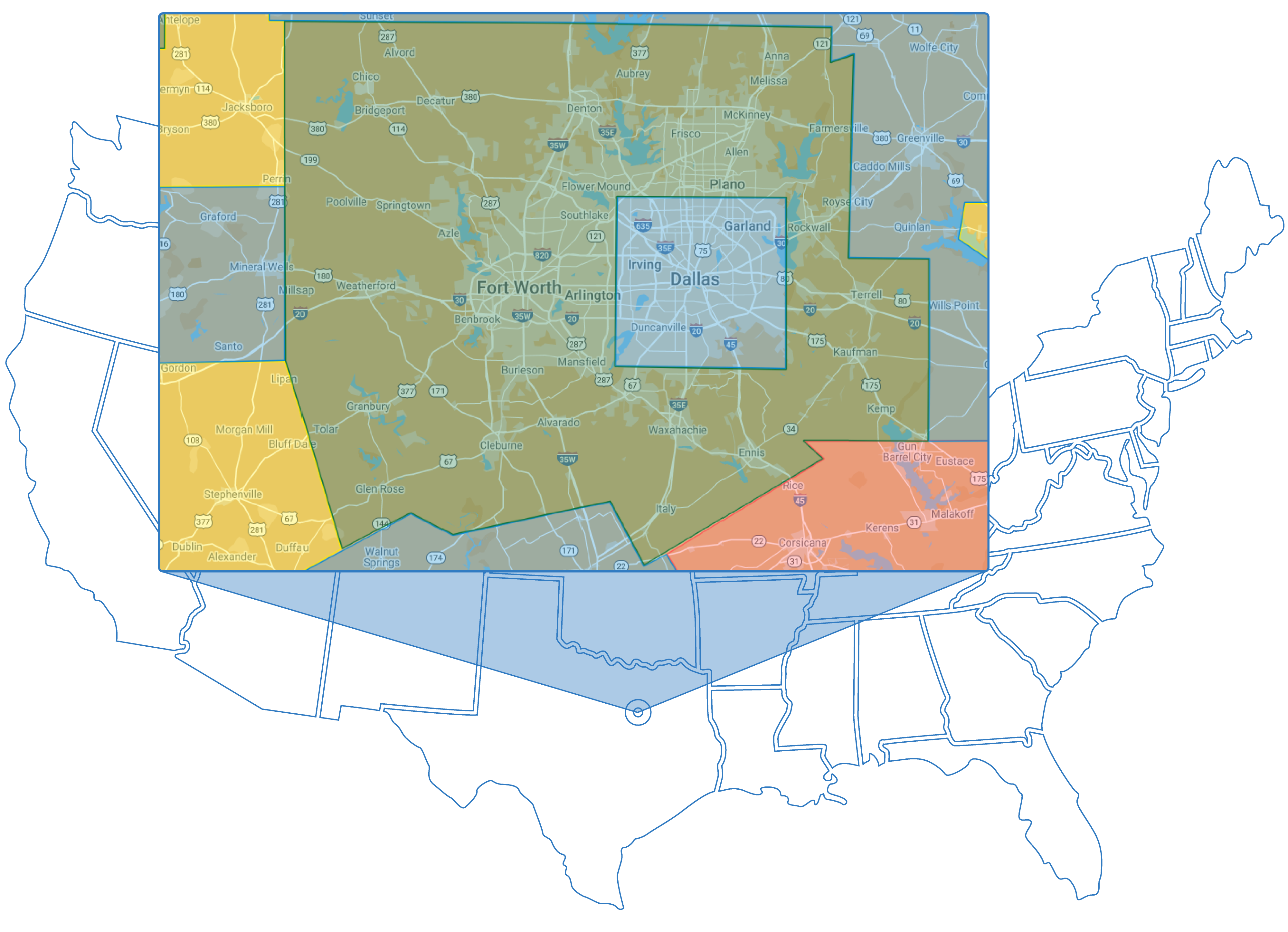 Map of the Greater Dallas-Ft. Worth area, color coded by household income levels. Data Source: Google Maps, U.S. Census, Bureau of Labor Statistics.
