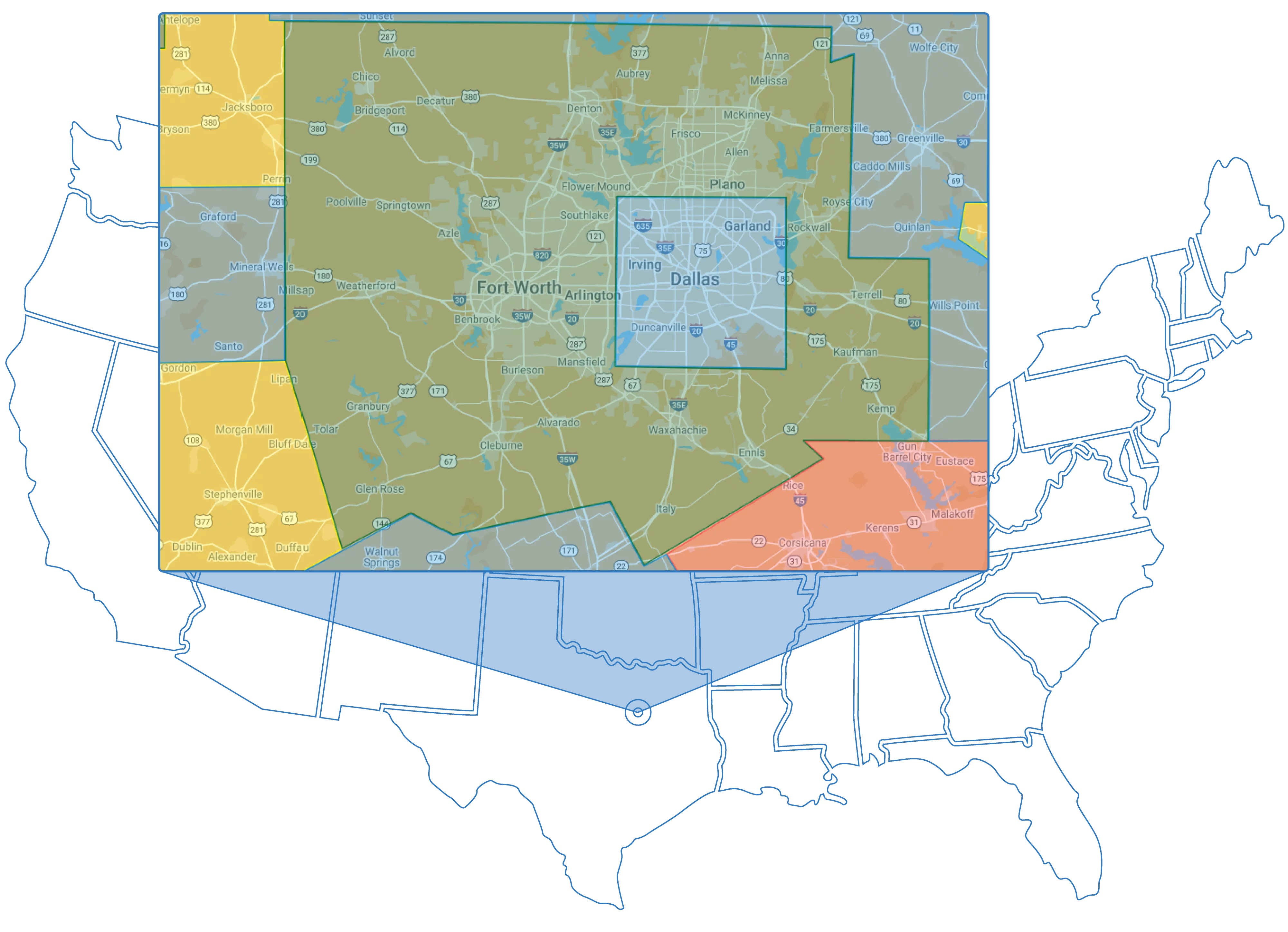 Map of the Greater Dallas-Ft. Worth area, color coded by household income levels. Data Source: Google Maps, U.S. Census, Bureau of Labor Statistics.