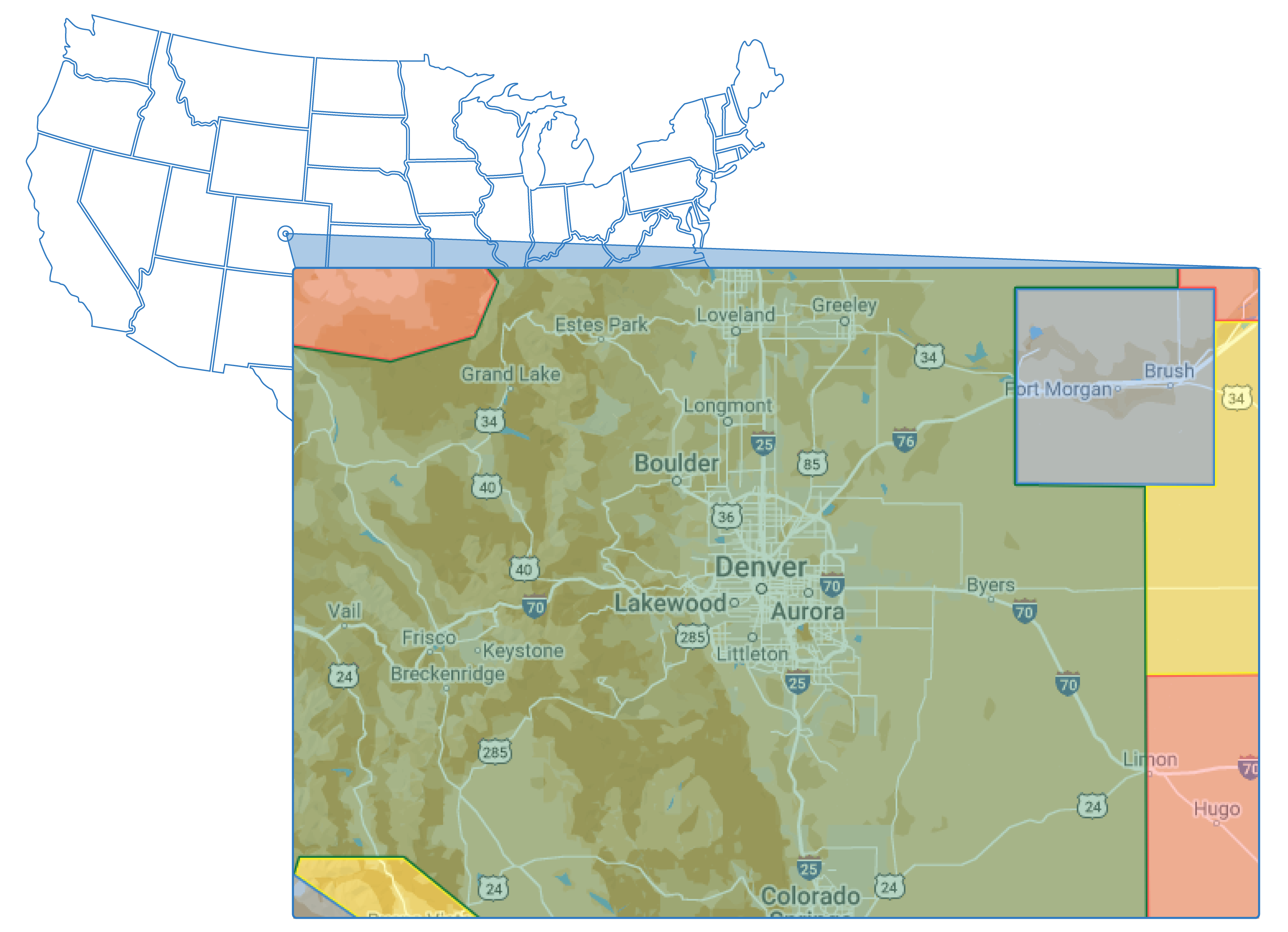This map shows the income distribution in the Denver metro area. The green area is home to the highest earners, while the blue, yellow and orange denote lower-earning areas.