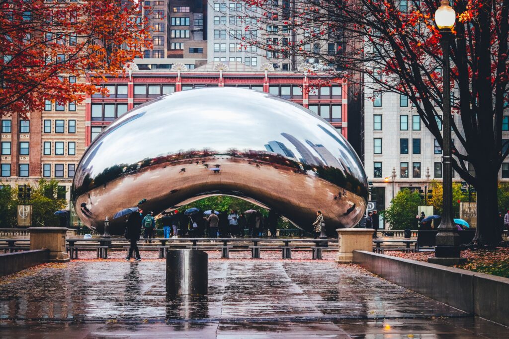 Known as "The Bean," this sculpture anchors Millenium Park in Chicago and reflects the city's skyline. The work is officially titled "Cloud Gate."