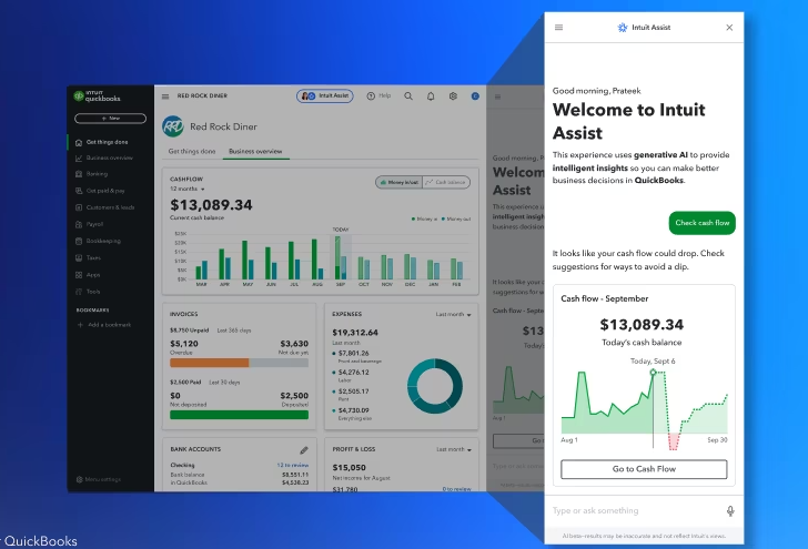 A snapshot of the Intuit Quickbooks dashboard via their tutorials page