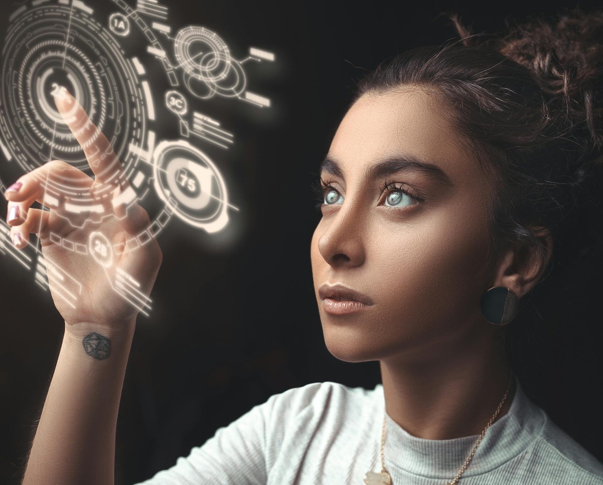 Women interacting with futuristic AGI interface